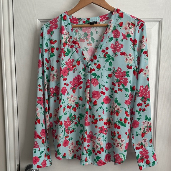 Ann Taylor Tops - Ann Taylor Floral V-Neck Blouse - Pink and Green on White
